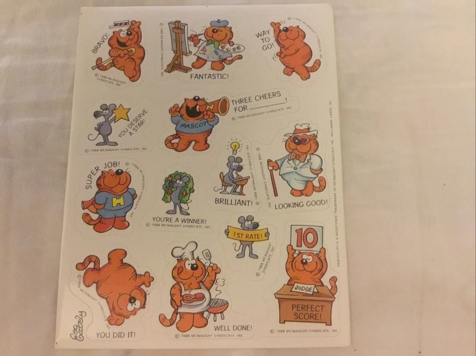 De colección 1988 Heathcliff El Gato Naranja Refuerzo Positivo Pegatina Hoja Linda Foto 1 de 1