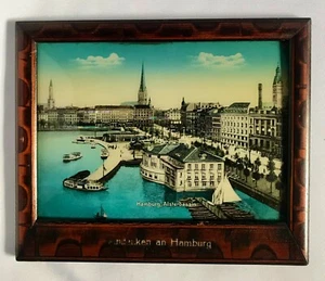 Antiguo recuerdo Hamburgo Alemania vidrio convexo burl madera enmarcado madreperla - Imagen 1 de 10
