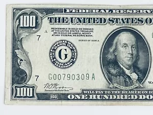 $100 Chicago 1928A “REDEEMABLE IN GOLD”. Great Eye Appeal. Federal Note#00790309 - Picture 1 of 4
