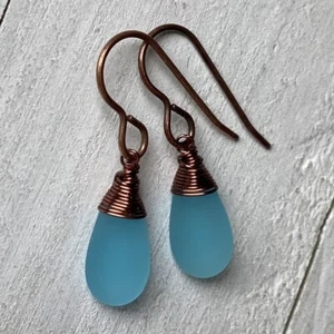Min Favorit Pazifikblau Meer Glas Träne & Kupfer Handwerk Wickel Ohrringe - Bild 1 von 5