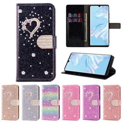 For Samsung S22+/S21/S20+ FE Ultra Glitter Wallet Case Diamond Heart Flip Cover - Image 1 of 4