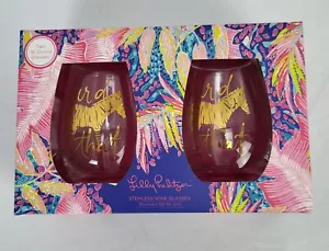Lilly Pulitzer Two 16 oz Stemless Wine Glasses Herd That Zebras Gold Foil Design - Picture 1 of 5