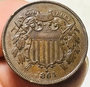 1864 Two Cent Piece 2C FULL MOTTO Choice Civil War Date US Copper Coin CC26056 - Picture 1 of 8