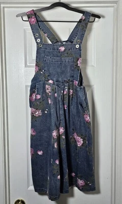 Denim Shortalls Floral Pleated Womens Size Large Overalls - Image 1 of 4