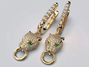 Panther Drop Earring 2Ct Round Lab Created Diamond 14k Yellow Gold Plated Silver - Picture 1 of 3