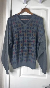 Consensus Sweater Men L Gray Geometric Abstract Argyle Grandpa Vneck Knit VTG - Picture 1 of 9