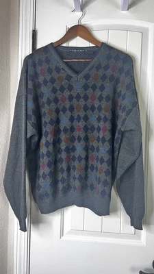 Consensus Sweater Men L Gray Geometric Abstract Argyle Grandpa Vneck Knit VTG - Image 1 of 4