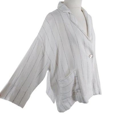 Sahara Size S/M (Fits M/L) White Striped 100% Linen Oversized Jacket Pockets - Image 1 of 4