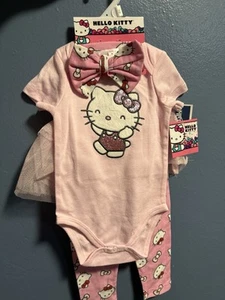 HELLO KITTY Infant Girls 3-Piece Bodysuit, Pants & Headband Set 12 MONTHS - Picture 1 of 2