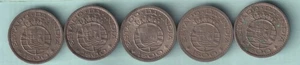 PORTUGUESE INDIA GOA ONE ESCUDO RARE 5 NICKEL COINS SET - Picture 1 of 2