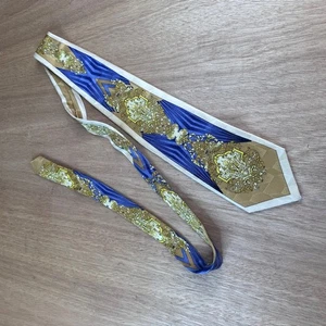 Palani Baroque Gold Blue Silk Necktie 59” x 4” Vintage Geometric Luxury - Picture 1 of 5