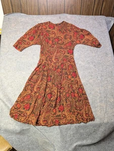 Abito midi vintage Hunters Run paisley scuro stampa floreale arancione marrone taglia 8 - Foto 1 di 8