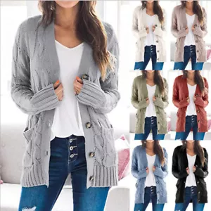 Womens Button Open Front Cardigan Jacket Long Sleeve Chunky Knitted Sweater Coat - Picture 1 of 19