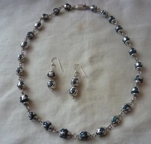 Collana e orecchini vintage in malachite e argento sterling 925. MFH - Foto 1 di 4