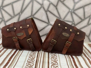 2 pcs Leather Motorcycle Saddle Bags Saddlebag Bag For Sportster Brown Luggage - Picture 1 of 4