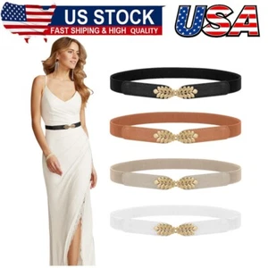 4Pcs Women Skinny Elastic Belt Ladies Fashion Leaf Alloy Buckle Stretchy Thin - Picture 1 of 8