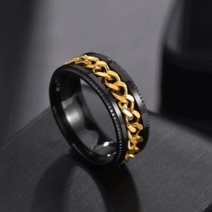 Black Gold Grooved Edge Cuban Link Spinning Band Ring Stainless Steel Jewelry - Picture 1 of 3