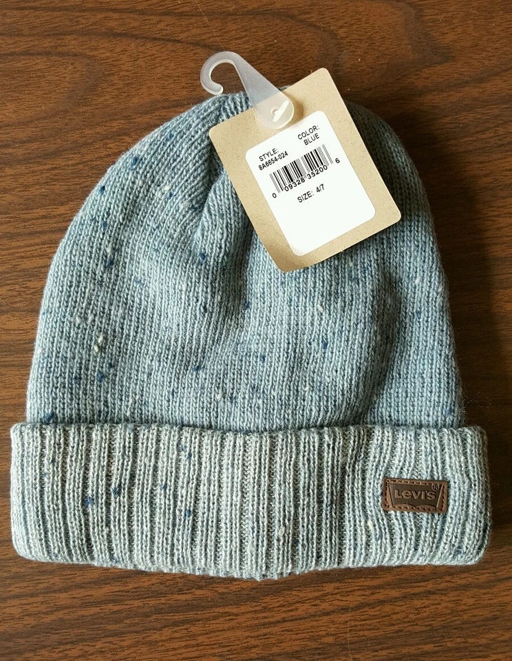 Levis Little Boys 罗纹针织卷边袖口豆豆帽冬季帽子蓝色,尺寸 4/7 — 第 1/1 张图片