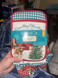 Pioneer Woman Country Christmas Kitchen Apron Oven Mitt Potholder 3 Piece Set - Picture 1 of 4