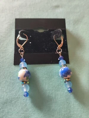Blue Ceramic Blue Quartz And Glass Bead Dangle Drop Earrings Silver Plate - Image 1 of 4