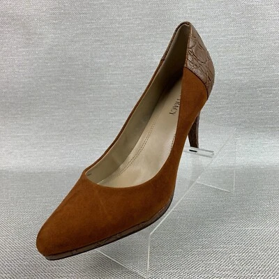 Ellen Tracy 泵棕色皮革麂皮绒杏仁鞋头印花高跟鞋懒人鞋 8M 码 — 第 1/4 张图片