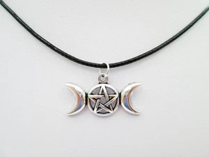 New Silver Pentacle Pentagram Wiccan Triple Moon Goddess Pendant Charm Necklace - Picture 1 of 3