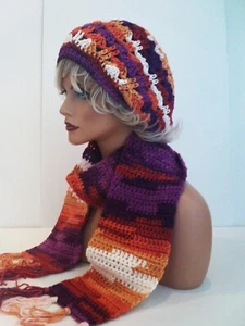 BRIGHT MULTI COLOR CROCHET RASTA HAT AND SCARF SET BERET CLOCHE BAGGY SLOUCHY - Picture 1 of 7