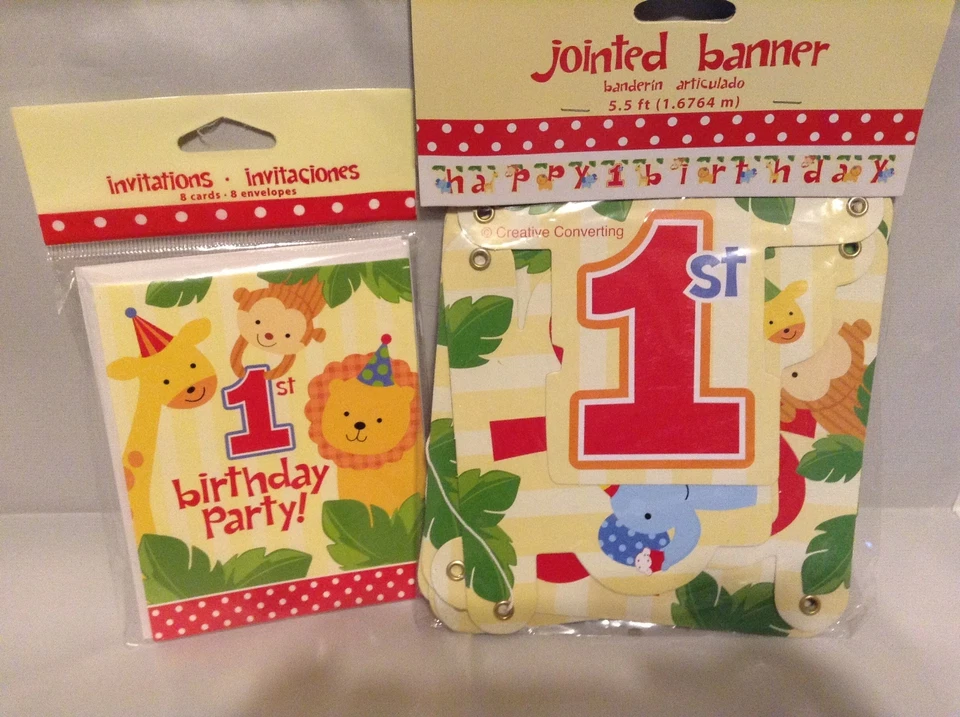 Zoo Jungle Safari Animals Kids 1st Birthday Party Invitations and Banner - Image 1 of 1