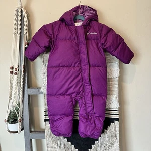 Columbia Down Purple Hooded Zip Up Snow Suit 6/12 Months Fleece Lined Winter - Picture 1 of 3