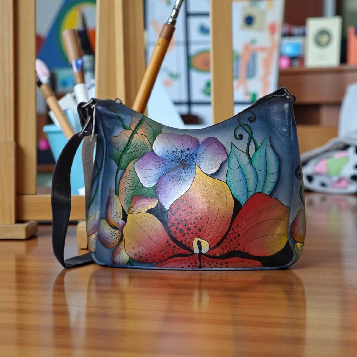 Anuschka Hand-Painted Leather Hobo Bag – Large, Garden Panther Design, Adjustable Strap, Top Zip Closure - View #10