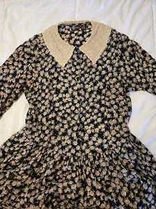 VINTAGE PHOOL Black White Boho Flowers Patterned Collared Midi Dress Sz M Rayon - Picture 1 of 10