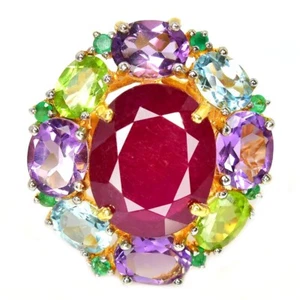 925 STERLING SILVER NATURAL RED RUBY AMETHYST PERIDOT TOPAZ & EMERALD RING 7.5 - Picture 1 of 13