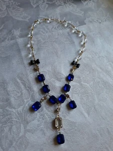 Art Deco Sparkling cobalt Blue Glass open back Brass EarringsSet☆drilled quartz - Picture 1 of 4