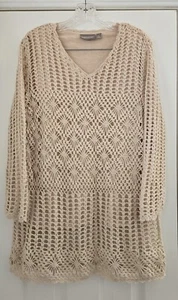 VTG Crochet Top Women 1X Beige Lined L/S Boho Fairy Cottagecore Open Knit Blouse - Picture 1 of 12