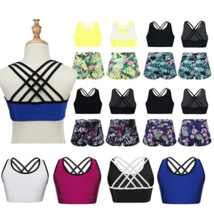 Girls Sport Suit U Neck Spaghetti Straps Cropped Tops Gym Yoga Running Short Set - Picture 1 of 46