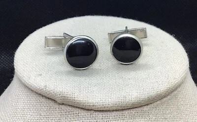 Gemelos vintage de piedra de plástico negro disfraz tono plata para hombre E410 Foto 1 de 2