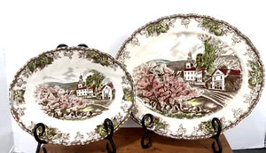 LOT Johnson Bros Friendly Village Green 11.75" Platter + Oval Vegetable Bowl EXC - Picture 1 of 14