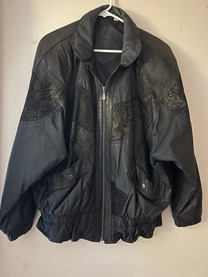 Vintage Preston & York Womens Medium Black Leather Floral 80s Bomber Jacket - Image 1 of 4
