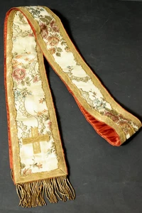 Estola eclesiástica sacerdote ropa brocado bordado tela tela faja cruz antigua - Imagen 1 de 24
