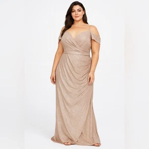 Oleg Cassini Champagne Metallic Knit Evening Gown Size 16 - Picture 1 of 11