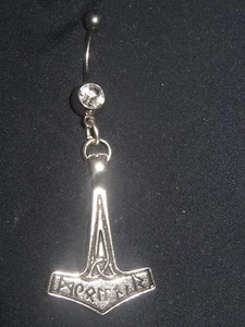 316 SURGICAL STEEL SILVER BLACK THORS HAMMER CZ JEWEL 14 GAUGE BELLY RING - Picture 1 of 1