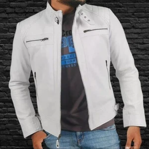 New Men's Genuine Lambskin Leather Jacket White Motorcycle Biker Jacket - Picture 1 of 3