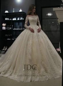 Prinzessin Brautkleid Langarm Spitze Ivory Carmen Knöpfe Schulterfrei Perlen Top - Bild 1 von 12