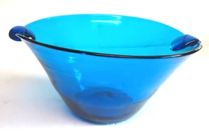 Blenko Blob Handled Blue Bowl by Winslow Anderson 1940s Artisan Handblown - Picture 1 of 10