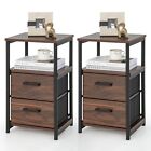 2 Pcs Industrial Nightstand Bedside End Table w/ 2 Fabric Drawers Storage Shelf