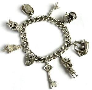 Vintage 925 Silver Charm Bracelet / Opening Charms / Birmingham 1973 - 64 Gram - Picture 1 of 10