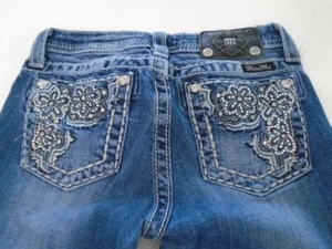 MISS ME Denim Girls Crystals Stretch Embellished Low Rise SKINNY Blue Jeans 14 - Picture 1 of 10