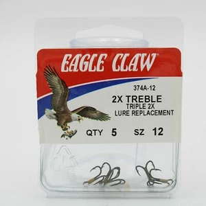 Eagle Claw 374A 2X Treble Fishing Hooks 5 Pack Size 12 - Picture 1 of 2