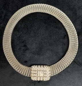 Vintage Silvertone Mesh Rhinestone Necklace Choker Magnetic Clasp - Picture 1 of 11