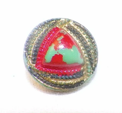 Antique Green Glass Button Czech Red Gold Diminutive Self Shank #25 Paint Wear Cover